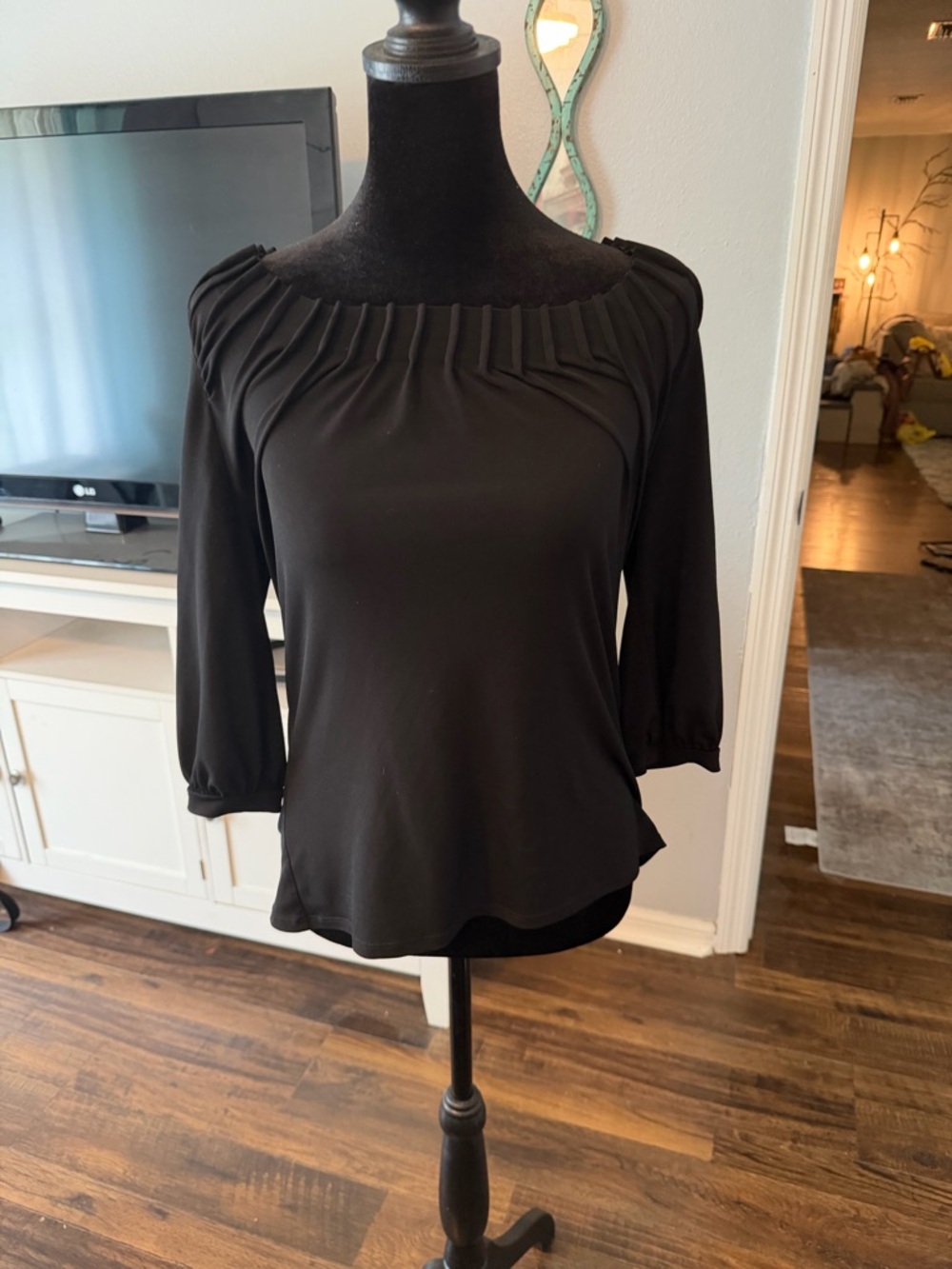 Worthington Black Pleated Yoke 3/4 Sleeve Blouse